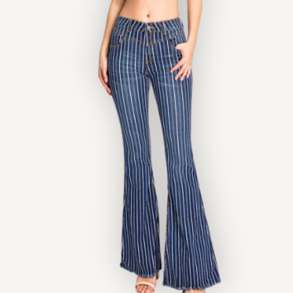 NWT Uniq Striped Flare Jeans Size 26/3 High Rise Bell Bottom Denim